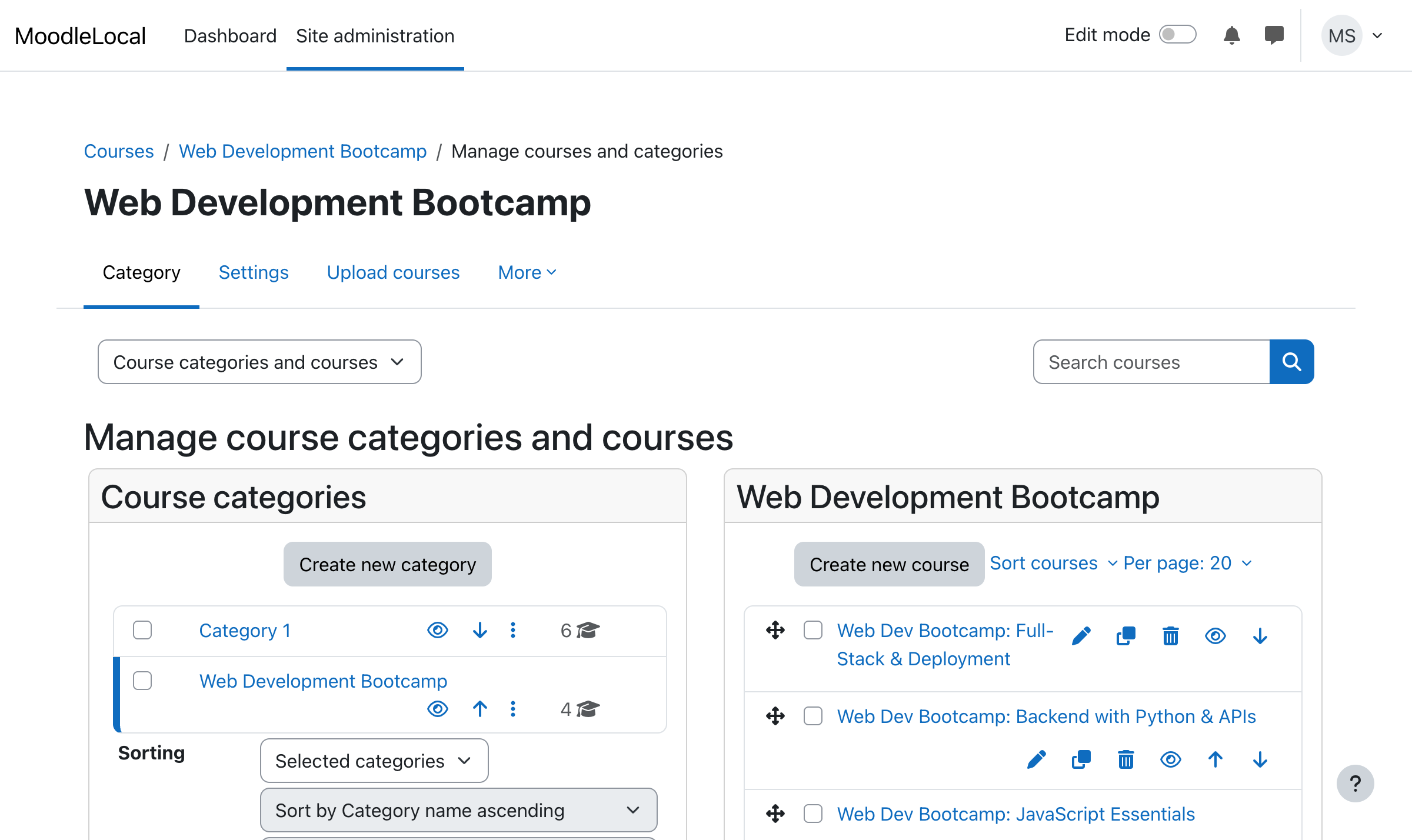 A Moodle course category with four AI-created courses